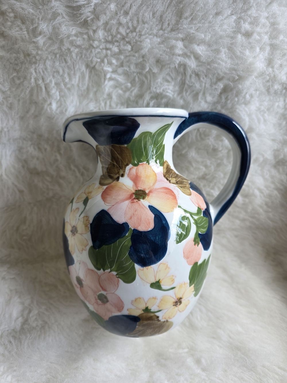 Vintage Hand-Painted Floral Ceramic Pitcher in Navy, Peach & Green